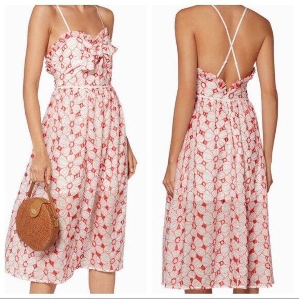 LA Maison Talulah Red White Maize Dress Small Floral Embroidered Sweetheart Neck